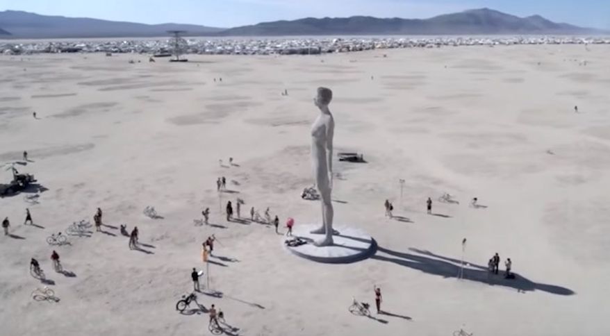 The creators of the 45-foot-tall statue "R-Evolution" have requested a permit to construct the piece on the National Mall in Washington, D.C., during "Catharsis on the Mall." The statue is seen here during "Burning Man" just outside Reno, Nevada, in 2015. (Image: YouTube, Burning Man) ** FILE **