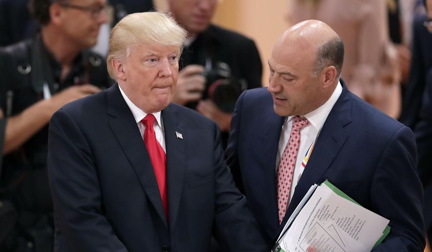 In this Saturday, July 8, 2017, file photo, White House chief economic adviser Gary Cohn, right, talks to U.S. President Donald Trump prior to a working session at the G-20 summit in Hamburg, Germany. (AP Photo/Michael Sohn, File)