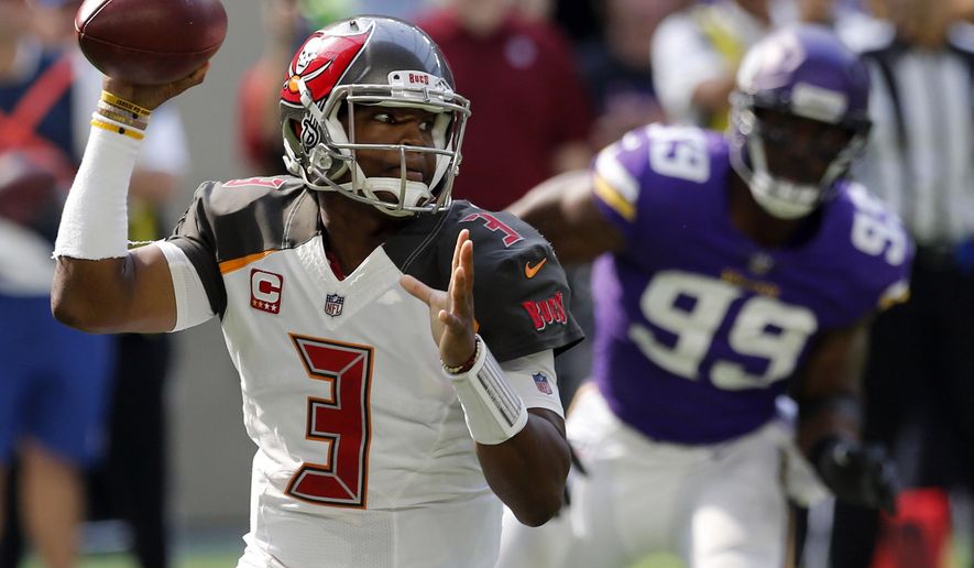 FILE - In this Sept. 24, 2017, file photo, Tampa Bay Buccaneers quarterback Jameis Winston (3) throws a pass during the first half of an NFL football game against the Minnesota Vikings in Minneapolis. Winston is excited about the next challenge in the maturation of the young Tampa Bay Buccaneers, a prime-time test against Tom Brady and the defending Super Bowl champion New England Patriots. (AP Photo/Jim Mone, File)
