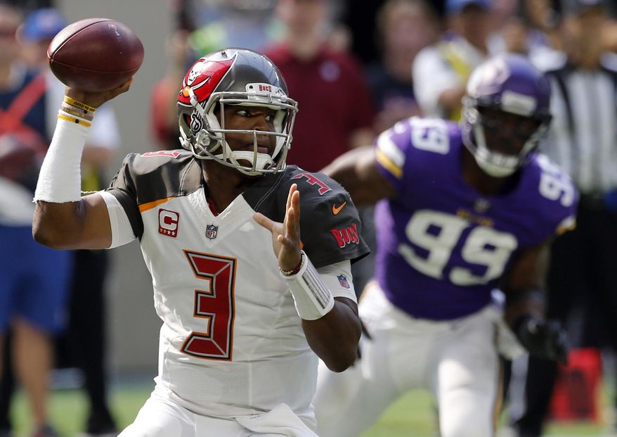 FILE - In this Sept. 24, 2017, file photo, Tampa Bay Buccaneers quarterback Jameis Winston (3) throws a pass during the first half of an NFL football game against the Minnesota Vikings in Minneapolis. Winston is excited about the next challenge in the maturation of the young Tampa Bay Buccaneers, a prime-time test against Tom Brady and the defending Super Bowl champion New England Patriots. (AP Photo/Jim Mone, File)