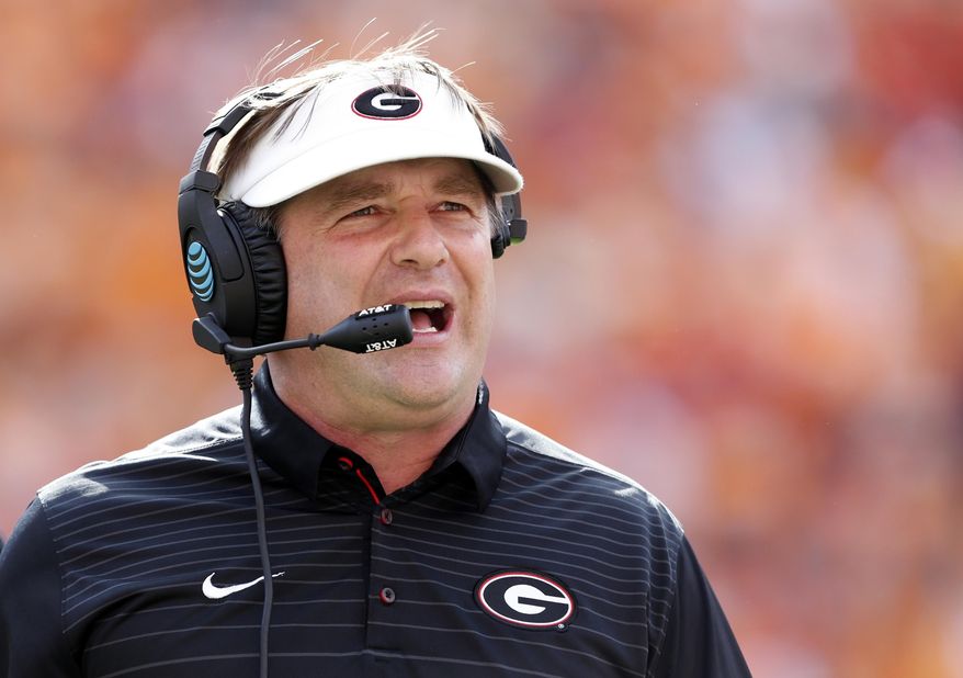 FILE - In this Saturday, Sept. 30, 2017, file photo, Georgia head coach Kirby Smart is seen during the first half of an NCAA college football game against Tennessee in Knoxville, Tenn. Smart, whose team has won league games by 28 and 41 points, says wide victory margins haven’t reflected well on the SEC’s competitive balance so far, but cautions that there’s a lot of season left.  (AP Photo/Wade Payne, File)