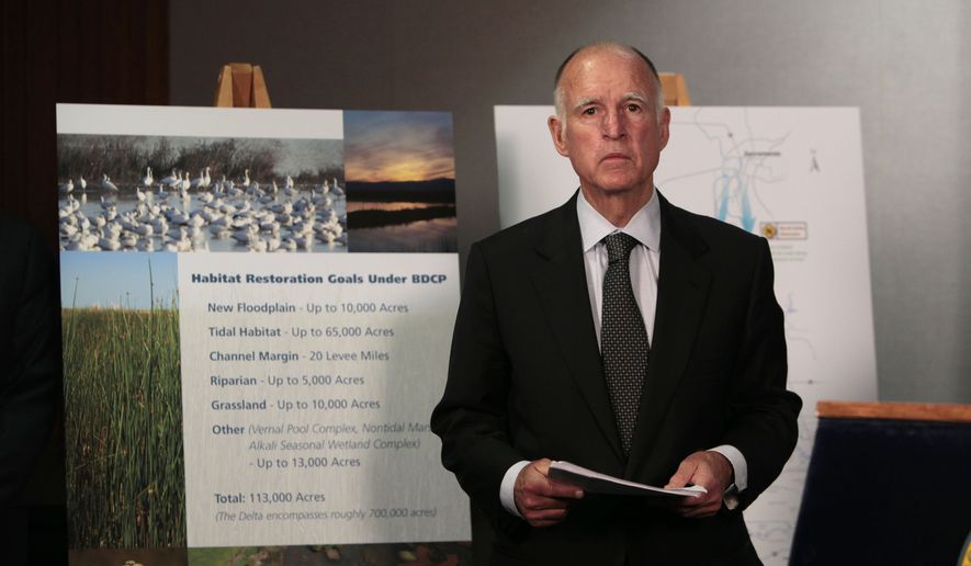 In this July 25, 2012, file photo, California Gov. Jerry Brown waits for the start of a news conference to announce plans to build a giant twin tunnel system to move water from the Sacramento-San Joaquin River Delta to farmland and cities, in Sacramento, Calif. (AP Photo/Rich Pedroncelli, File)