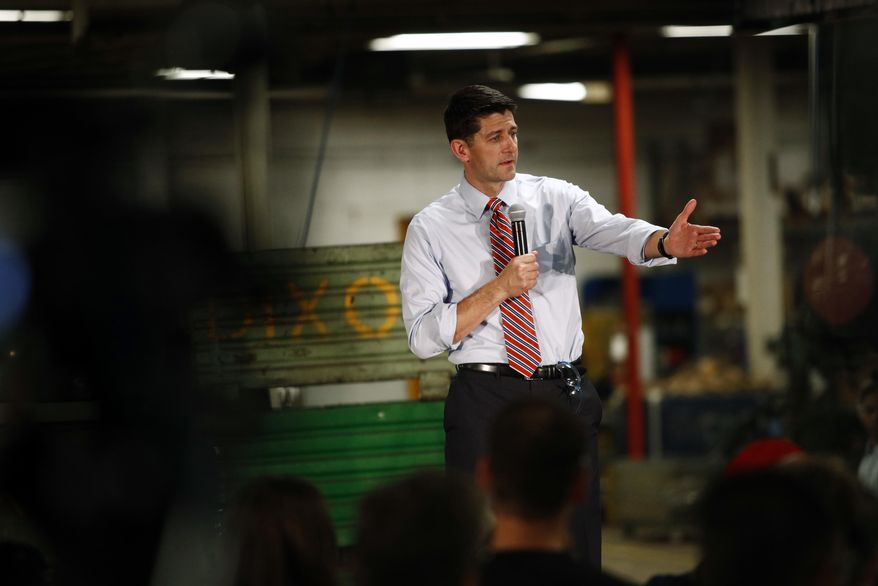 Speaker of the House Paul Ryan, R-Wis., speaks at a tax reform town hall with employees at the Dixon Valve & Coupling Company factory in Chestertown, Md., Thursday, Oct. 5, 2017. The National Rifle Association joined the Trump administration and top congressional Republicans in a surprising joint embrace of a gun control measure, albeit a narrow one: to regulate “bump stocks,” legal devices the Las Vegas shooter apparently used to effectively automate his weapons _ to lethal effect. Ryan added his support, too, as have other top Republicans. “Obviously we need to look at how we can tighten up the compliance with this law so that fully automatic weapons are banned,” the Wisconsin Republican told reporters at an event in Chestertown, Md. (AP Photo/Patrick Semansky)