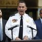 District of Columbia Police Chief Peter Newsham, joined by District of Columbia Council member Charles Allen, left and District of Columbia Attorney General Karl Racine, speaks during a news conference at One Judiciary Square in Washington, Thursday, Oct. 5, 2017. (AP Photo/Carolyn Kaster) ** FILE **