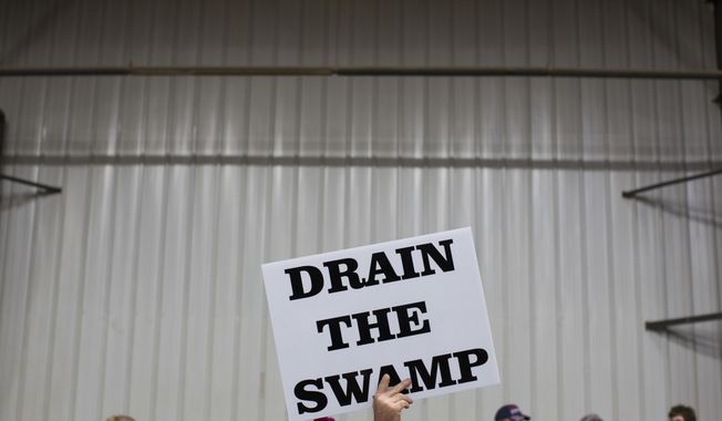 FILE - In this Oct. 27, 2016, file photo, supporters of then-Republican presidential candidate Donald Trump hold signs during a campaign rally in Springfield, Ohio. Despite President Donald Trump’s campaign to “drain the swamp” of lobbyists and special interests, Washington’s influence industry is alive and well _ and growing. Former members of the Trump transition team, presidential campaign, administration and friends have set up shop as lobbyists and cashed in on connections, according to a new analysis by Public Citizen, a public interest group, and reviewed by The Associated Press.  (AP Photo/ Evan Vucci, file)