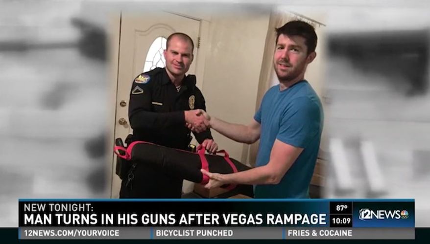 Jonathan Pring, of Phoenix, says he's become the target of death threats after he posted photos of himself on social media voluntarily handing his guns over to police in response to Sunday's mass shooting in Las Vegas. (KPNX)