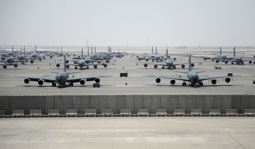 U.S. Air Force KC-135 Stratotankers sit on the ramp of the 379th Air Expeditionary Wing at Al Udeid Air Base, Qatar, on Aug. 19, 2017. The 379th AEW is the largest, most diverse expeditionary wing in the Air Force, operating more than 100 aircraft. (U.S. Air National Guard photo by Master Sgt. Andrew J. Moseley/Released)