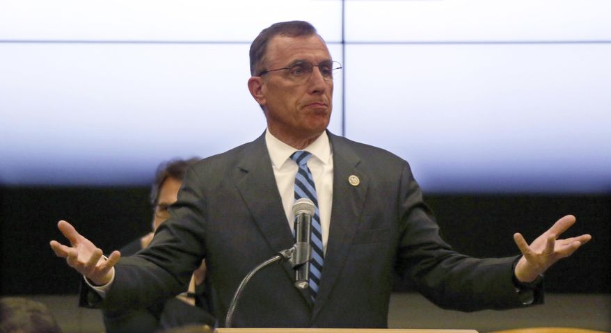 FILE- In this file photo from July 7, 2017, U.S. Rep. Tim Murphy (R- Pa) speaks at the National Energy Technology Laboratory (NETL) Pittsburgh site, in South Park Township, Pa. south of Pittsburgh. The Republican Congressman announced his resignation on Thursday Oct. 5, 2017 after his affair with a young woman came to light. (AP Photo/Keith Srakocic, FILE)