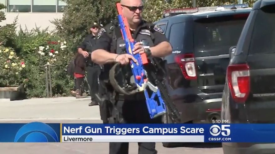 Las Positas College in Livermore, California, was placed on lockdown this week after a reported rifle on campus turned out to be a large, blue and orange Nerf gun. (CBS SF)