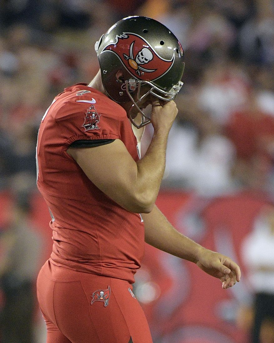 Tampa Bay Buccaneers kicker Nick Folk (2) reacts after missing a field goal against the New England Patriots during the fourth quarter of an NFL football game Thursday, Oct. 5, 2017, in Tampa, Fla. (AP Photo/Phelan Ebenhack)