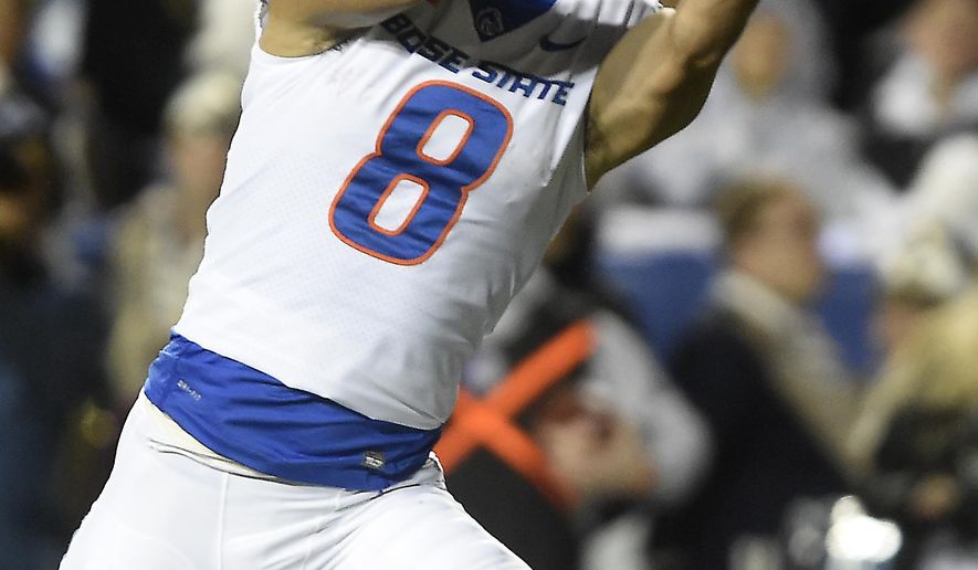 Boise State's Sean Modster pulls in a touchdown reception during the second quarter against BYU during an NCAA college football game Friday, Oct. 6, 2017, in Provo, Utah. (Drew Nash/The Times-News via AP)
