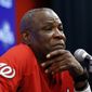 Washington Nationals manager Dusty Baker listens to a question during a media availability before Game 2 of baseball&#39;s National League Division Series against the Chicago Cubs, at Nationals Park, Saturday, Oct. 7, 2017, in Washington. (AP Photo/Alex Brandon)