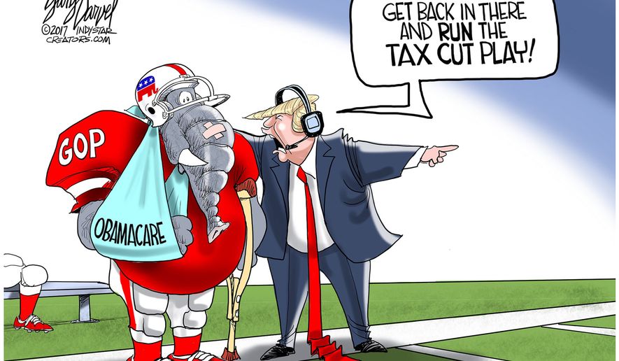 Get back in there and run the tax cut play! (Illustration by Gary Varvel for Creators Syndicate)
