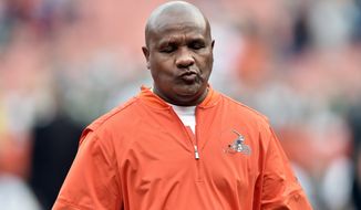 Cleveland Browns head coach Hue Jackson walks off the field after the New York Jets defeated his team in an NFL football game, Sunday, Oct. 8, 2017, in Cleveland. (AP Photo/David Richard)