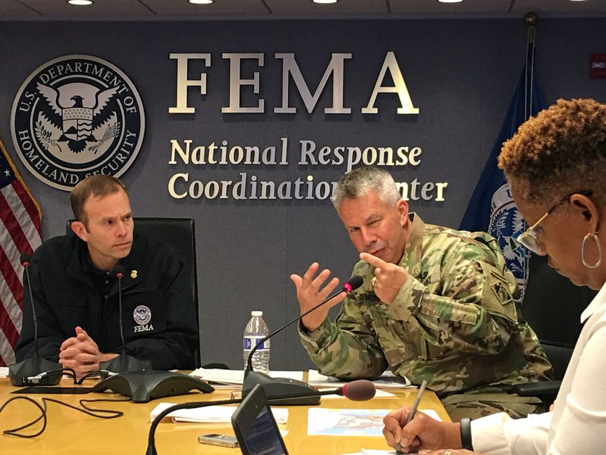 FEMA Administrator Brock Long (left) emphasized that "FEMA is not a first responder." Mr. Long said that a cultural shift is needed in Washington to ensure that resources and personnel are allocated in the times before natural disasters like hurricanes strike. (Laura Kelly/The Washington Times)