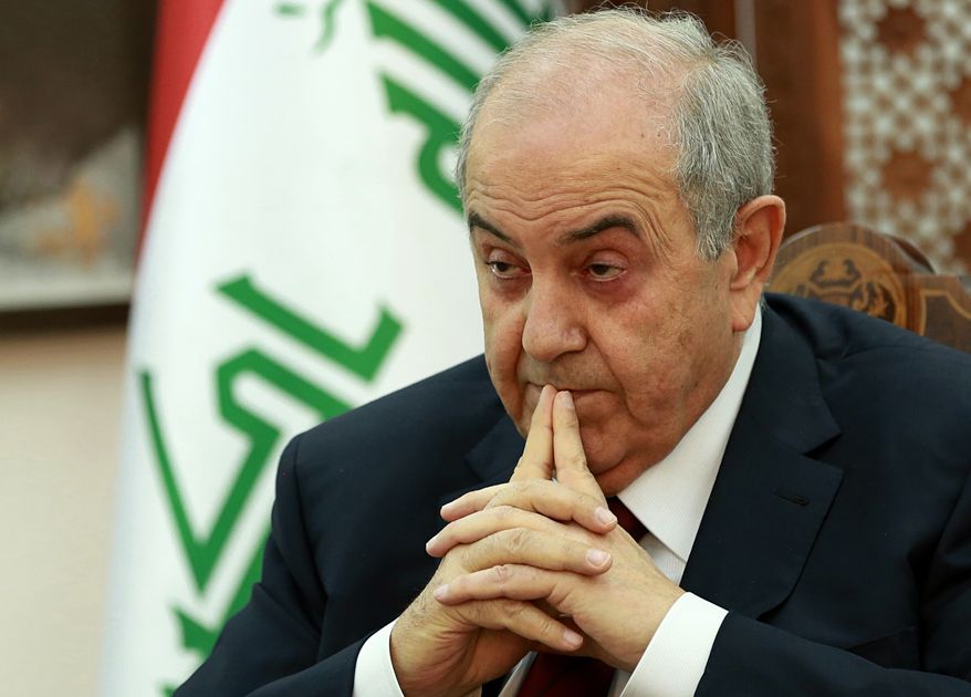 Iraq Vice President Ayad Allawi listens to a question during an interview with The Associated Press in Baghdad, Iraq, Monday, Oct. 9, 2017. Allawi says there could be a &quot;violent conflict&quot; over the Kurdish-administered city of Kirkuk if talks over Kurdish independence are left unresolved. (AP Photo/Hadi Mizban)