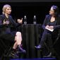 In this photo provided by The New Yorker, Chelsea Manning, left, speaks to New Yorker writer Larissa MacFarquhar during an appearance at the New Yorker Festival on Sunday, Oct. 8, 2017, in New York. Manning appeared before a largely sympathetic crowd at the annual festival, where she spoke about her life, her views, her transition to a transgender woman, and the circumstances surrounding her leaking of thousands of classified documents to WikiLeaks. (Patrick Butler/The New Yorker via AP)
