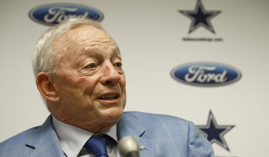 In this Sept. 25, 2017, file photo, Dallas Cowboys owner Jerry Jones speaks after an NFL football game against the Arizona Cardinals, in Glendale, Ariz. Dallas owner Jerry Jones said the NFL can&#39;t leave the impression that it tolerates players disrespecting the flag and that any of his Cowboys making such displays won&#39;t play. (AP Photo/Ross D. Franklin, File)