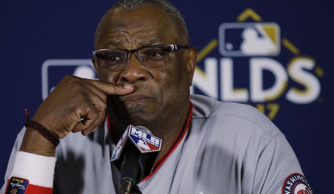 Washington Nationals manager Dusty Baker answers questions after Game 3 of the National League Division Series baseball game against the Chicago Cubs Monday, Oct. 9, 2017, in Chicago. The Cubs won 2-1 to take a 2-1 lead in the series. (AP Photo/Nam Y. Huh)