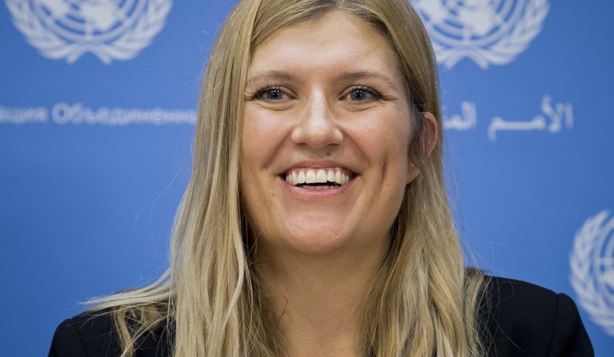 Beatrice Fihn, executive director of the International Campaign to Abolish Nuclear Weapons (ICAN), speaks during a press conference, Monday Oct. 9, 2017 at United Nations headquarters. ICAN, a coalition of non-government organizations in one hundred countries advocating a nuclear weapon ban treaty, is the 2017 winner of the Nobel Peace Prize. (Eskinder Debebe/United Nations via AP)