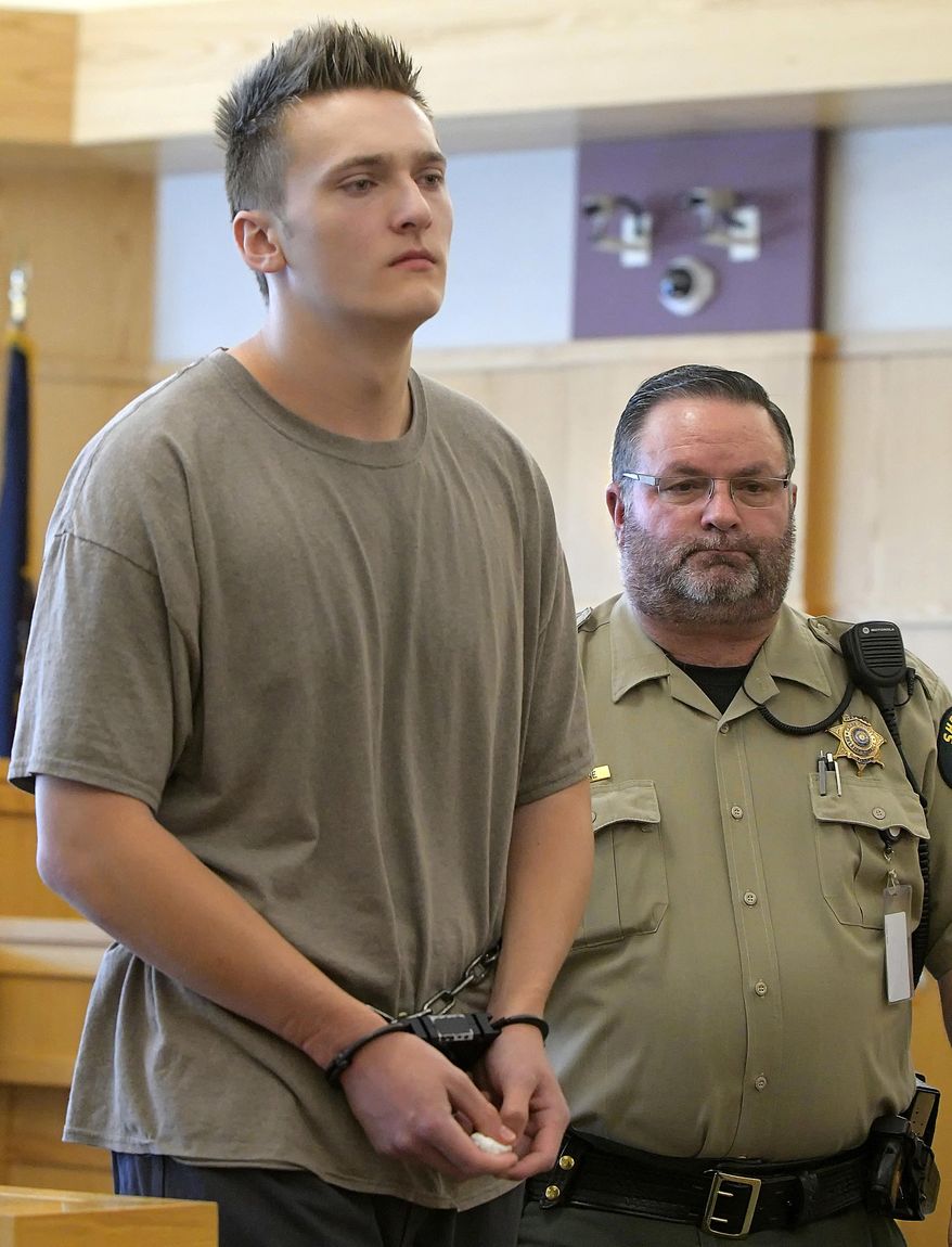Colter Peterson leaves the courtroom Tuesday, Oct. 10, 2017, in Logan, Utah. Peterson, a teenager accused of shooting a 14-year-old girl in the head and leaving her in a ditch is agreeing to a plea deal. Peterson shed tears as he pleaded guilty to aggravated attempted murder and other charges Tuesday.The 17-year-old is one of two boys accused of plotting to kill Deserae Turner, who was found alive after an overnight search in February. (Eli Lucero/The Herald Journal via AP, Pool)