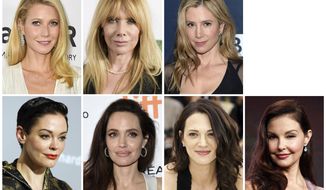 This combination photo shows actresses, top row from left, Gwyneth Paltrow, Rosanna Arquette, Mira Sorvino and bottom row from left, Rose McGowan, Angelina Jolie Pitt, Asia Argento and Ashley Judd, who are among the many women who have spoken out against Harvey Weinstein in on-the-record reports that detailed claims of sexual abuse. (AP Photo/File)