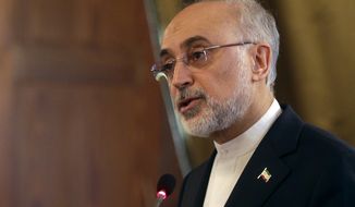 Head of Iran&#39;s Atomic Energy Organization Ali Akbar Salehi talks at a conference on international cooperation for enhancing nuclear safety, security, safeguards and non-profileration, at the Lincei Academy, in Rome, Tuesday, Oct. 10, 2017. (AP Photo/Gregorio Borgia)