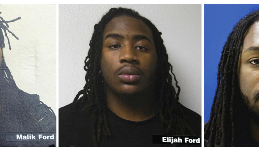 FILE - This combination of images shows undated file photos of brothers Malik, left, Elijah, center and Michael Ford. Two of the brothers have pleaded guilty for their roles in a deadly March 2016 attack on a Prince George’s County police station that claimed the life of a police detective. Malik Ford pleaded guilty to attempted murder, conspiracy and a gun charge, and Elijah Ford pleaded guilty to a single conspiracy charge. Michael Ford, who had a gun and fired at the station, faces second-degree murder, attempted murder and conspiracy charges. (Prince George County Police/State of Maryland via AP, File)