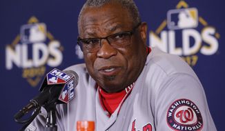 Washington Nationals manager Dusty Baker talks during a news conference after Game 4 of baseball&#39;s National League Division Series against the Chicago Cubs, Wednesday, Oct. 11, 2017, in Chicago. The Nationals won 5-0. (AP Photo/Charles Rex Arbogast)
