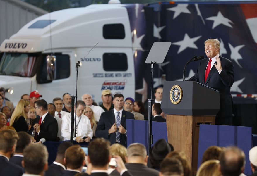 President Donald Trump speaks about tax reform during an event at the Harrisburg International Airport, Wednesday Oct. 11, 2017, in Middletown, Pa. (AP Photo/Alex Brandon)