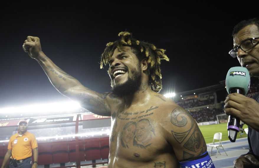 Panama's Roman Torres celebrates his goal against Costa Rica and his team's 2-1 victory, qualifying his team for the 2018 Russia World Cup in Panama City, Tuesday, Oct. 10, 2017. It's the first time Panama classifies for a World Cup tournament. (AP Photo/Arnulfo Franco)