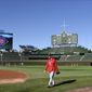 Washington Nationals starting pitcher Stephen Strasburg (37) walks on the field during baseball practice at Wrigley Field, Sunday, Oct. 8, 2017, in Chicago. Game 3 of the National League Division Series between the Nationals and the Chicago Cubs is Monday. (AP Photo/David Banks)