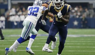 FILE - In this Oct. 1, 2017, file photo, Los Angeles Rams wide receiver Sammy Watkins (12) runs a route during an NFL football game against the Dallas Cowboys in Arlington, Texas. Watkins is hoping to fill a bigger role on the Rams’ offense going forward after catching just 14 passes in their first five games. The new receiver expressed his frustrations with his role on social media after going without a catch in Los Angeles’ loss to Seattle last weekend. (AP Photo/Roger Steinman, File)