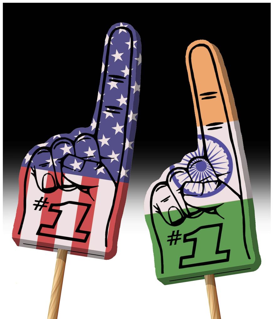 Illustration on the necessary nationalism of America and India by Alexander Hunter/The Washington Times