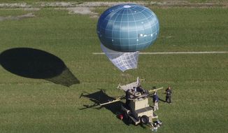 In this undated aerial photo provided by Drone Aviation Corp. shows a tethered balloon, called Winch Aerostat Small Platform, or WASP.  The U.S. Border Patrol is considering another type of surveillance balloon to spot illegal activity. It’s part of an effort to see if more eyes in the sky translate to fewer illegal border crossings.  (Drone Aviation Corp. via AP)