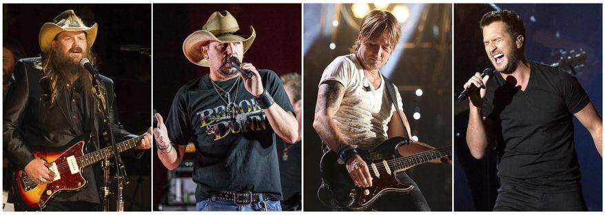 This combination photo shows CMT Artists of the Year honorees, Chris Stapleton, from left, Jason Aldean, Kieth Urban and Luke Bryan. CMT is forgoing formal award presentations and devoting the entire live show to “a night of hope and healing through the power of music” following a mass shooting at a country music festival in Las Vegas. (AP Photo/File)