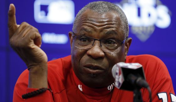 Washington Nationals manager Dusty Baker speaks during a media availability before Game 5 of baseball&#39;s National League Division Series against the Chicago Cubs, at Nationals Park, Thursday, Oct. 12, 2017, in Washington. (AP Photo/Alex Brandon)