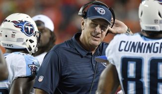 FILE- In this Aug. 31, 2017, file photo, Tennessee Titans head coach Mike Mularkey removes his headset during the first half of an NFL preseason football game against the Kansas City Chiefs in Kansas City, Mo. The Titans have scored just 10 points in the first quarter of their first five games. Coach Mularkey has tried starting games with the ball, yet little has helped an issue they need to fix hosting Indianapolis on Monday night.  (AP Photo/Ed Zurga, File)