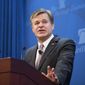 FBI Director Christopher Wray speaks at a Heritage Foundation event on Section 702 of FISA on Friday, Oct. 13, 2017, in Washington. (AP Photo/Kevin Wolf) ** FILE **