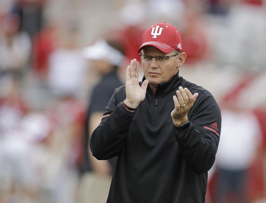 FILE - In this Aug. 31, 2017, file photo, Indiana coach Tom Allen watches as Indiana prepares for an NCAA college football game against Ohio State in Bloomington, Ind. Indiana faces Michigan on Saturday, Oct. 14, 2017. (AP Photo/Darron Cummings, File)