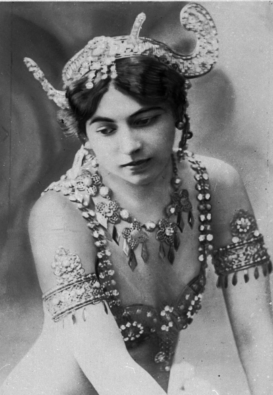 An undated photo of dancer "Mata Hari". Born Margaretha Zelle who was executed during World War I for being a spy. A century ago, on Oct. 15, 1917, an exotic dancer named Mata Hari was executed by a French firing squad, condemned as a sultry Dutch double agent who supposedly led tens of thousands of soldiers to their death during World War I. (AP Photo/Virginia Mayo)