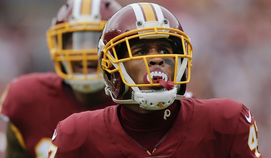 Washington Redskins cornerback Quinton Dunbar (47) walks off the field during the first half of an NFL football game against the San Francisco 49ers in Landover, Md., Sunday, Oct. 15, 2017. (AP Photo/Mark Tenally)