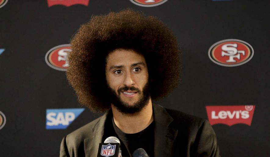 This Dec. 24, 2016, file photo shows San Francisco 49ers quarterback Colin Kaepernick talking during a news conference after an NFL football game against the Los Angeles Rams. Kaepernick filed a grievance against the NFL on Sunday, Oct. 15, 2017 alleging that he remains unsigned as a result of collusion by owners following his protests during the national anthem. (AP Photo/Rick Scuteri)