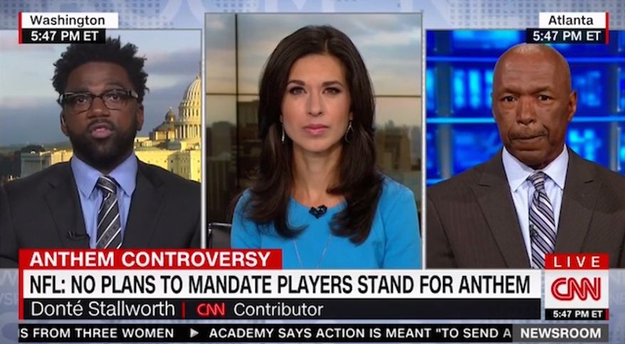 Former former NFL receiver Donté Stallworth (left) told CNN on Oct. 14, 2017, that ongoing protests during the national anthem bring attention to a national "gender pay gap" between men and women. (Image: CNN screenshot)