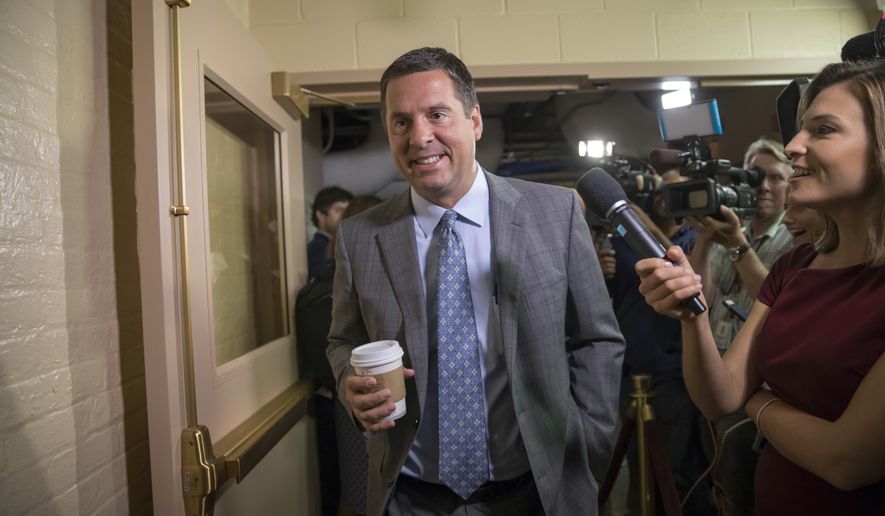 In this July 28, 2017, file photo, House Intelligence Committee Chairman Rep. Devin Nunes, R-Calif., walks on Capitol Hill in Washington. A political research firm behind a dossier of allegations about President Donald Trump&#39;s connections to Russia is balking at subpoenas from the House intelligence committee, with a lawyer for the firm questioning the legitimacy of the panel&#39;s probe into Russian meddling. Joshua Levy, a lawyer for Fusion GPS, said in a letter to the panel on Oct. 16 that Nunes is acting &quot;in bad faith.&quot; (AP Photo/J. Scott Applewhite, File)