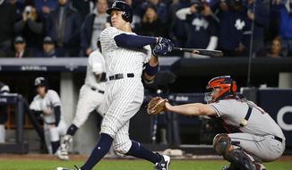 New York Yankees&#39; Aaron Judge hits a three-run home run during the fourth inning of Game 3 of baseball&#39;s American League Championship Series against the Houston Astros Monday, Oct. 16, 2017, in New York. (AP Photo/Kathy Willens)