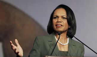 In this March 15, 2014, file photo, former Secretary of State Condoleezza Rice gestures while speaking before the California Republican Party 2014 Spring Convention in Burlingame, Calif. (AP Photo/Ben Margot, File) ** FILE **