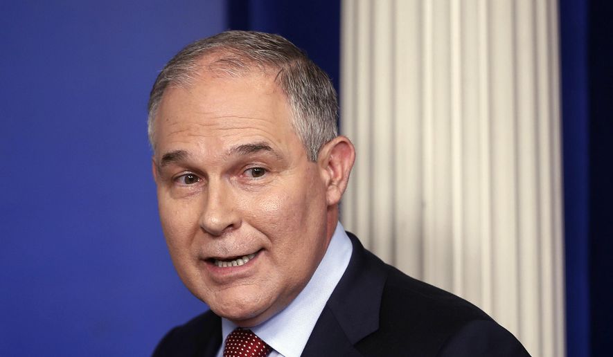 In this June 2, 2017, file photo, EPA Administrator Scott Pruitt looks back after speaking to the media during the daily briefing in the Brady Press Briefing Room of the White House in Washington. (AP Photo/Pablo Martinez Monsivais)
