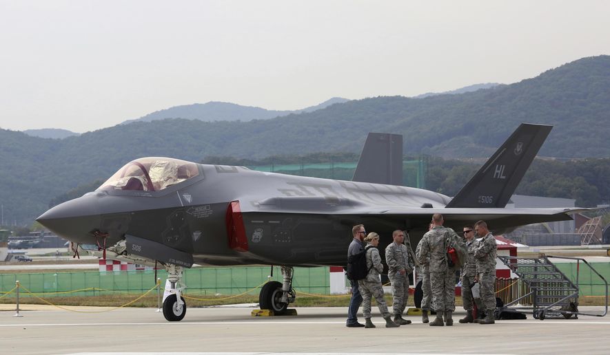 A U.S. F-35 stealth fighter is seen during the press day of the 2017 Seoul International Aerospace and Defense Exhibition at Seoul Airport in Seongnam, South Korea, Monday, Oct. 16, 2017. South Korean and U.S. troops launched five days of naval drills on Monday, three days after North Korea renewed its threat to fire missiles near the American territory of Guam. (AP Photo/Ahn Young-joon)