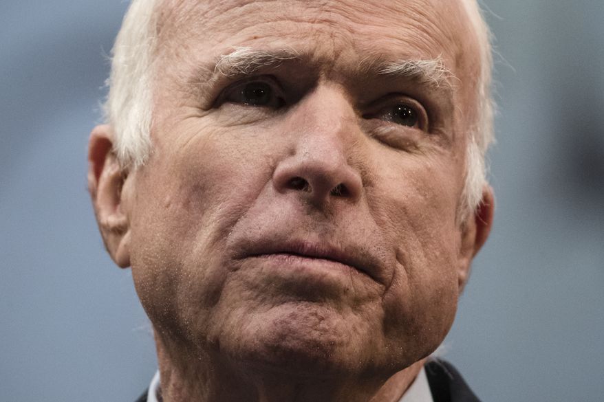 Sen. John McCain, R-Ariz., speaks after he received the Liberty Medal from the National Constitution Center in Philadelphia, Monday, Oct. 16, 2017. The honor is given annually to an individual who displays courage and conviction while striving to secure liberty for people worldwide. (AP Photo/Matt Rourke)